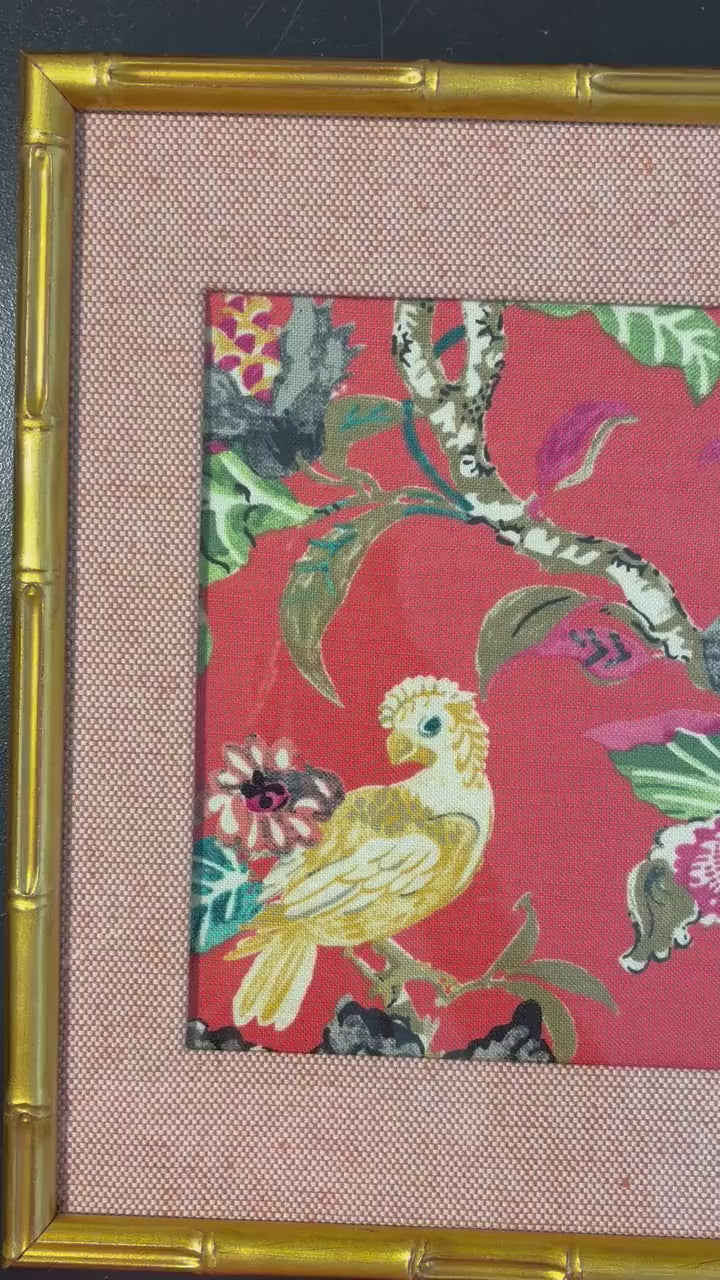 Coral Red Cockatoo Botanical Fabric Art in Gold Bamboo Frame - 12x15 Tropical Bird Wall Decor