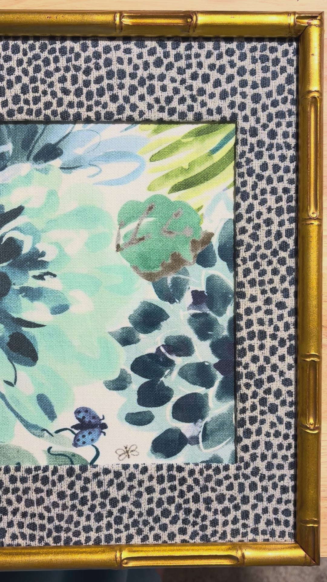 Pair Framed Bright Floral Fabric Wall Art: Gold Bamboo-Style Frames, Ballard Tully Blue Fabric Mats 12x15