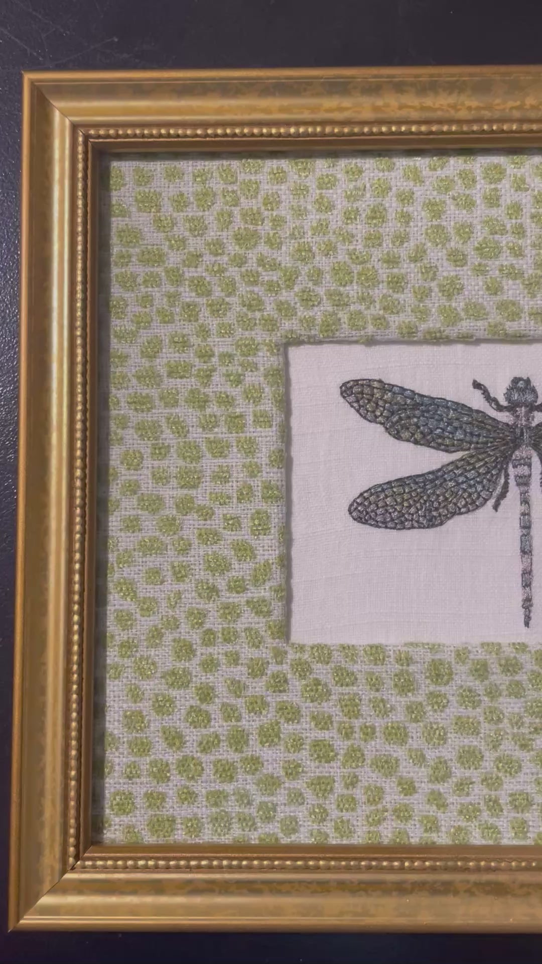 Embroidered Dragonfly Wall Art — Gold Frame with Ballard Designs Pear Tully Fabric Mat