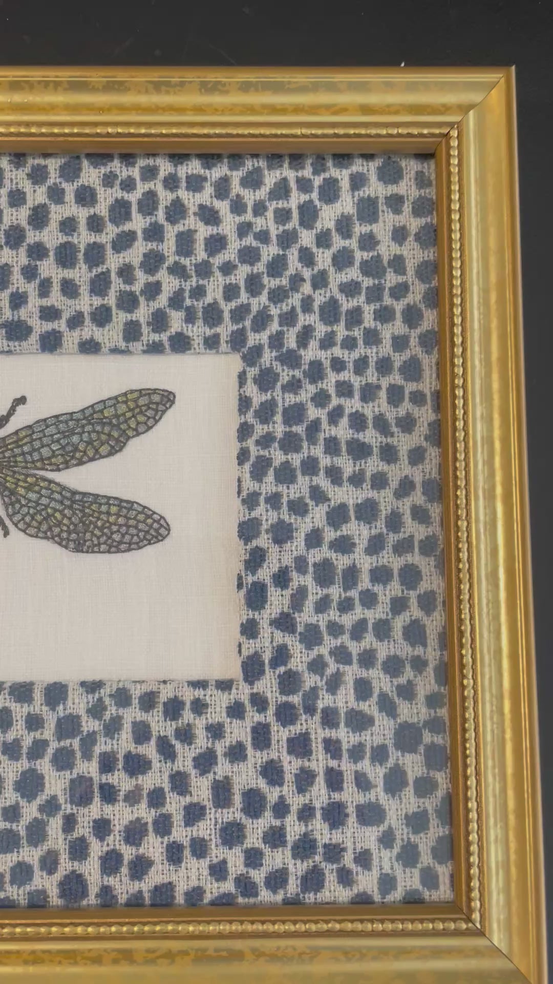 Dragonfly Embroidery in Ballard Designs Indigo Blue Fabric Mat — Gold Frame