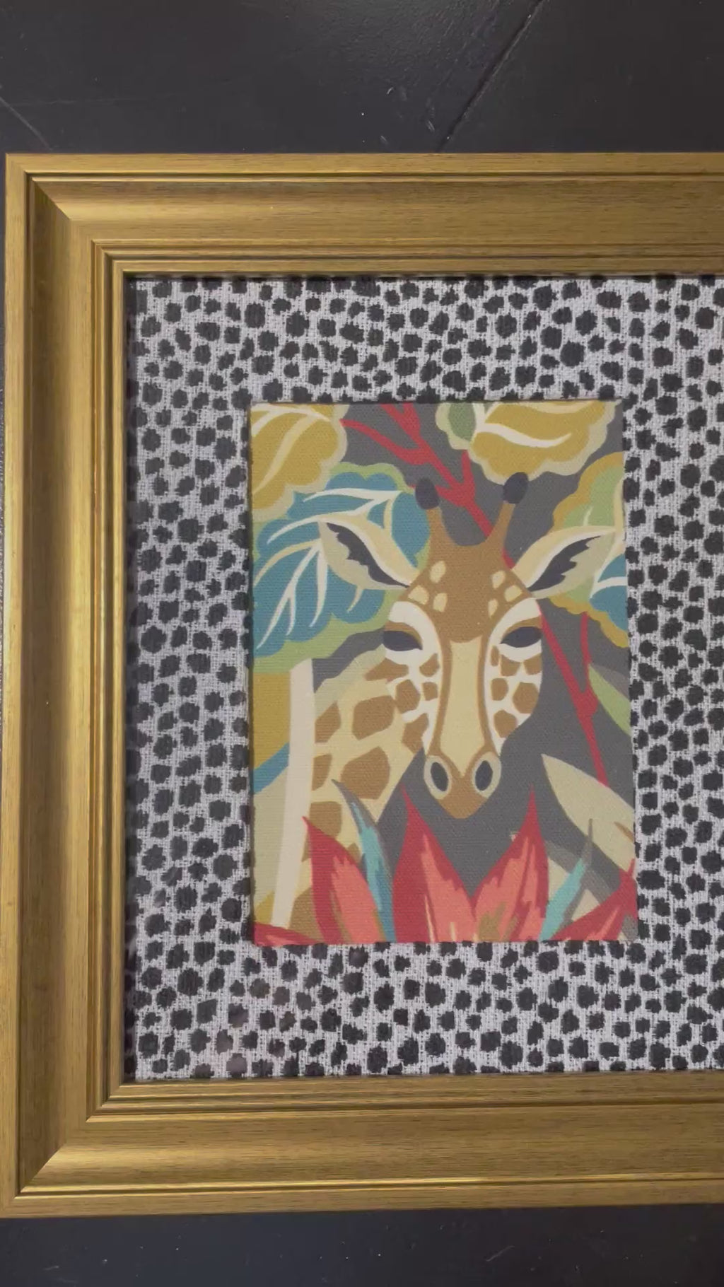 Safari Wall Art — Giraffe and Zebra Kinablu Petro fabric with Ballard Designs Ebony Tully fabric mat in Gold Frame