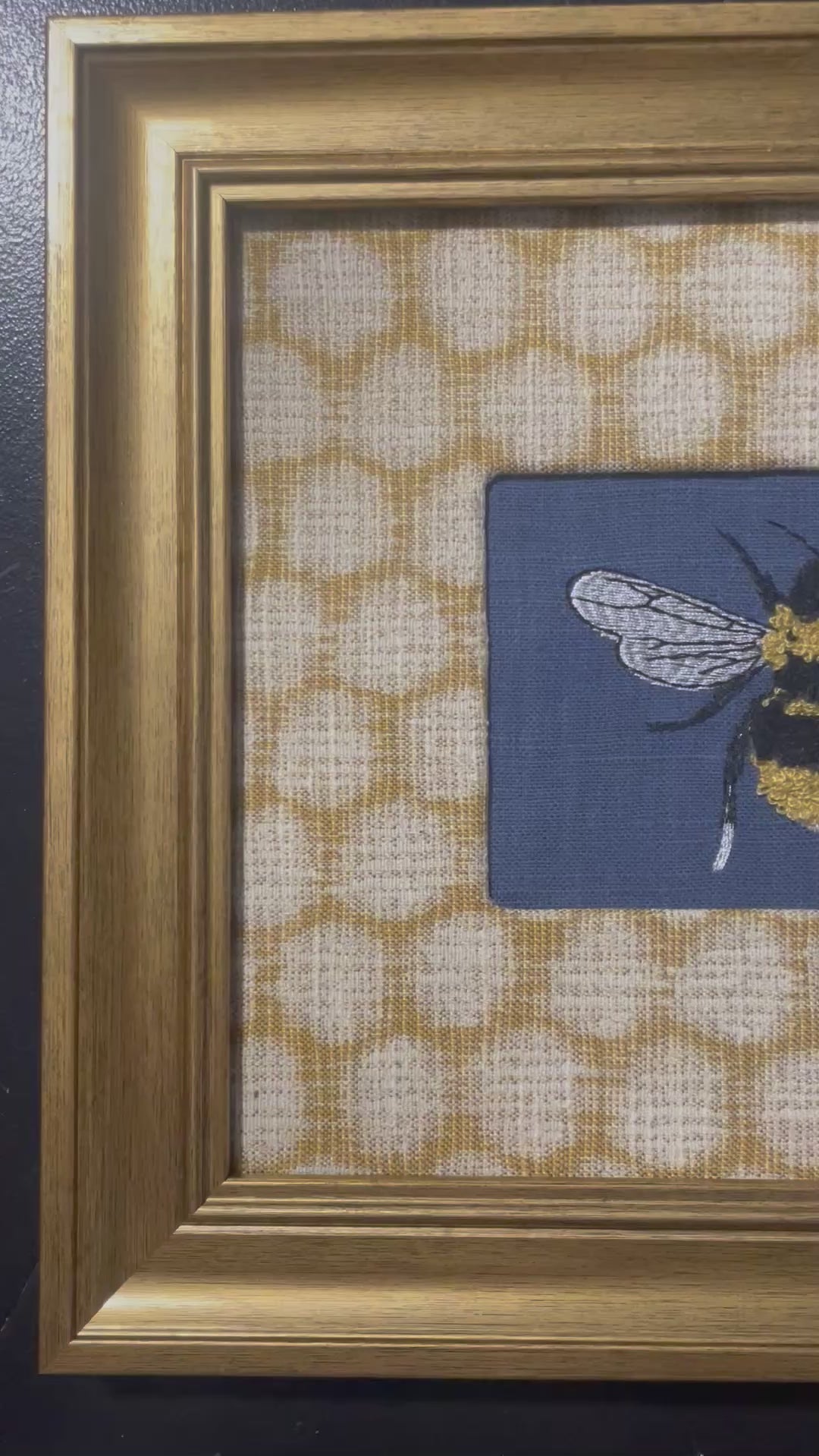 Embroidered Bee Wall Art — Gold Frame with Ballard Designs Mia Honeycomb Fabric Mat
