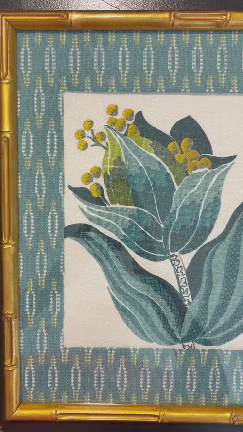 Ballard Designs Emmie Blue Botanical Fabric Art Pair - Gold Framed Wall Decor Set of 2