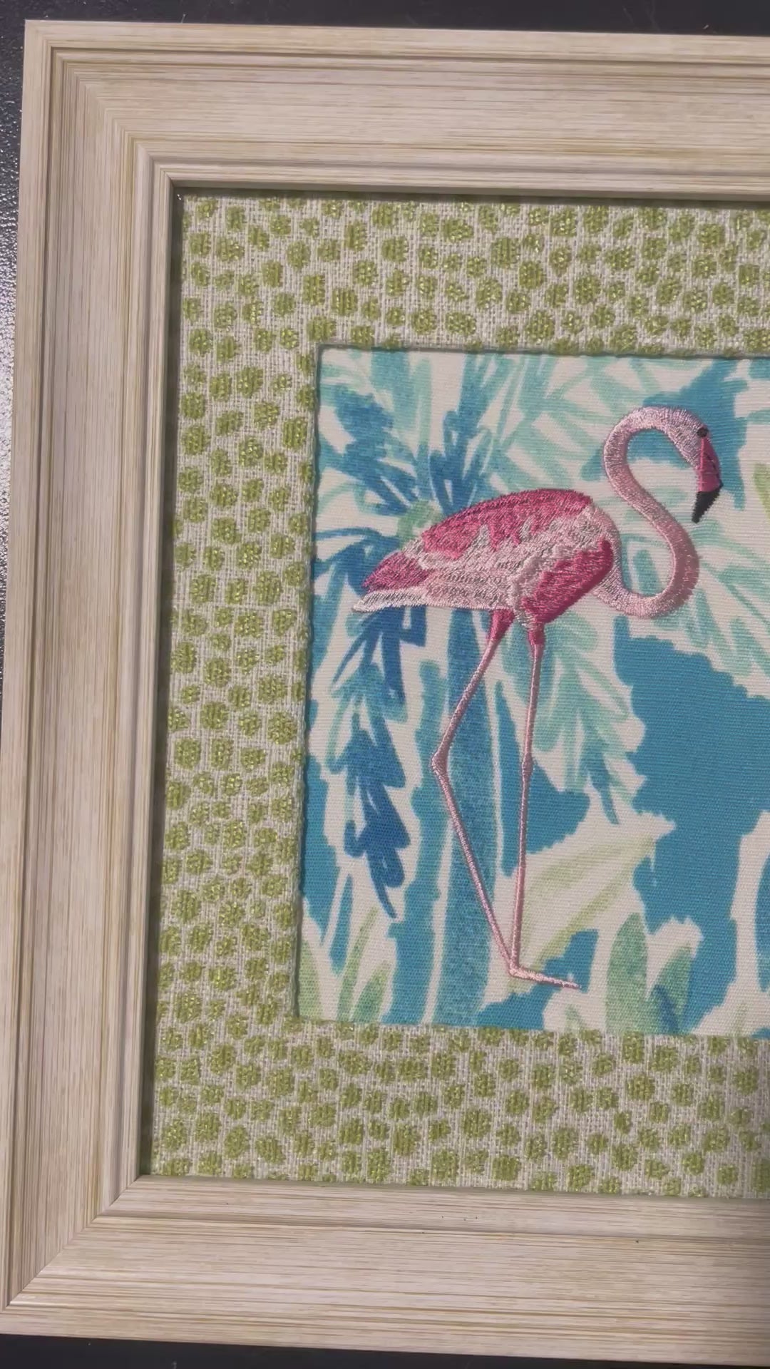 Framed Embroidered Pair of  flamingos with Custom Ballard Designs TULLY Pear Fabric Matting