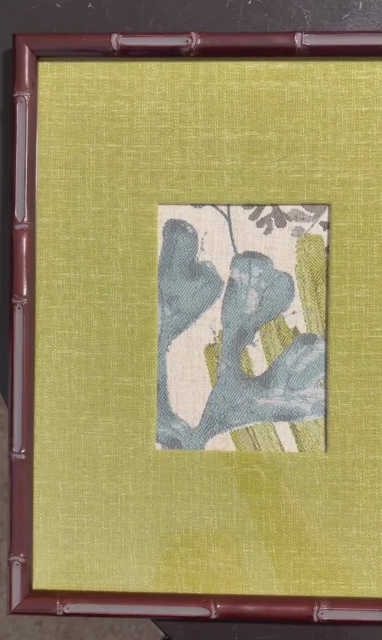 Pair Framed Fabric Wall Art: Blue Green, Mahogany Bamboo Style Frame, Custom Matting 12x15