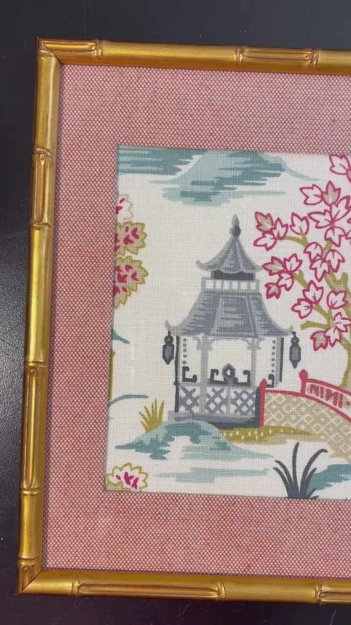 Chinoiserie Wall Art Blue Suki Fabric in Gold Bamboo Frame 12x15 Ballard Designs Style Chinese Asian Decor