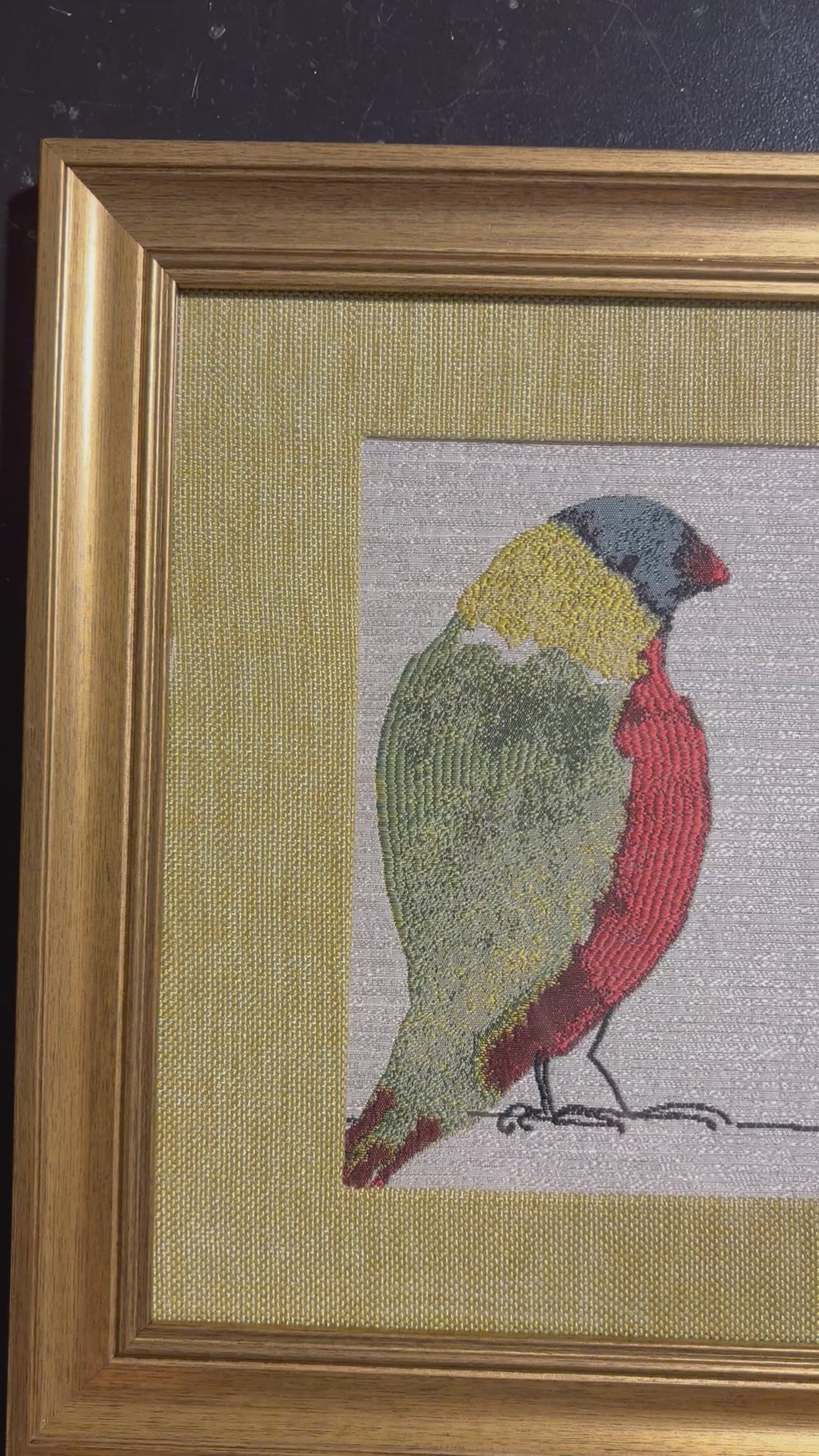 Gouldian Finch Pair — Woven Fabric Wall Art, 13x16 Antique Gold Frame