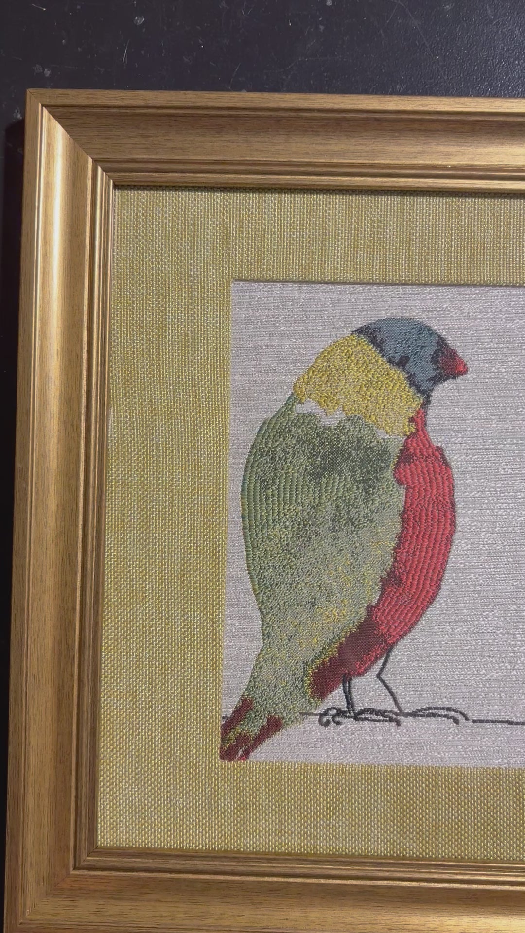 Gouldian Finch Pair — Woven Fabric Wall Art, 13x16 Antique Gold Frame