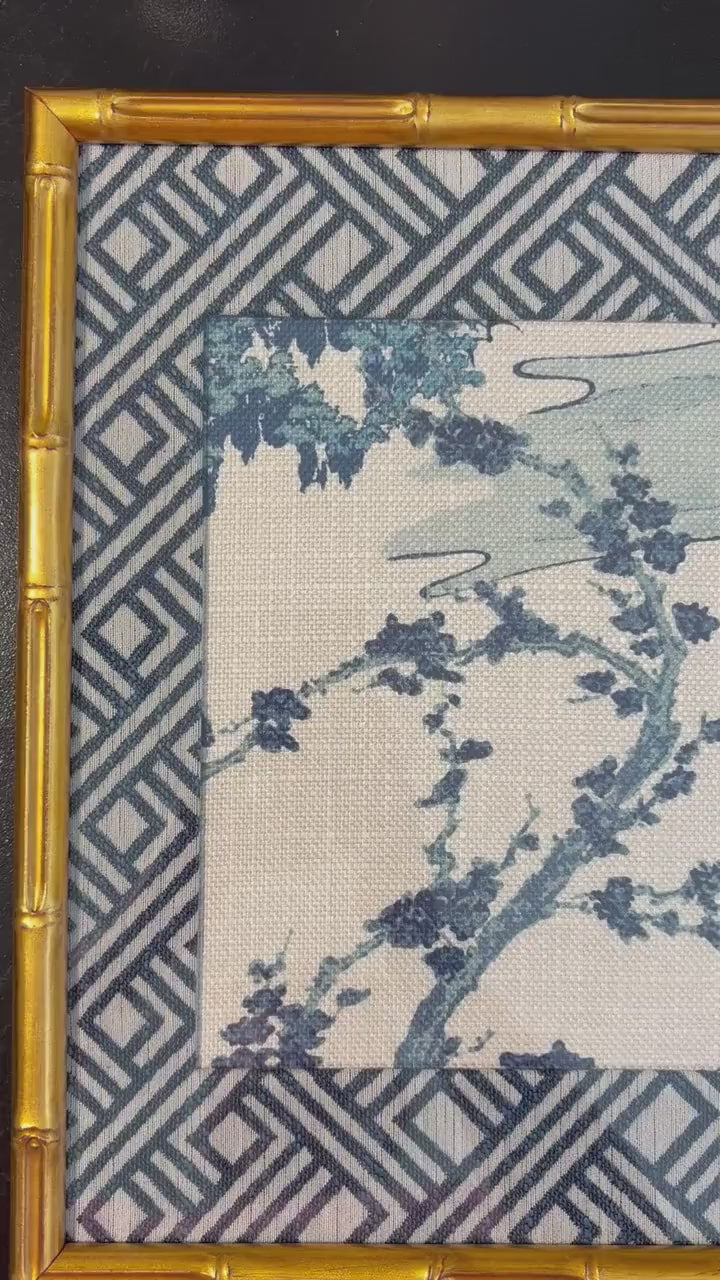 Chinoiserie Indigo Cherry Blossom Fabric Wall Art in Gold Bamboo Frame - Zen Textile Decor 12x15