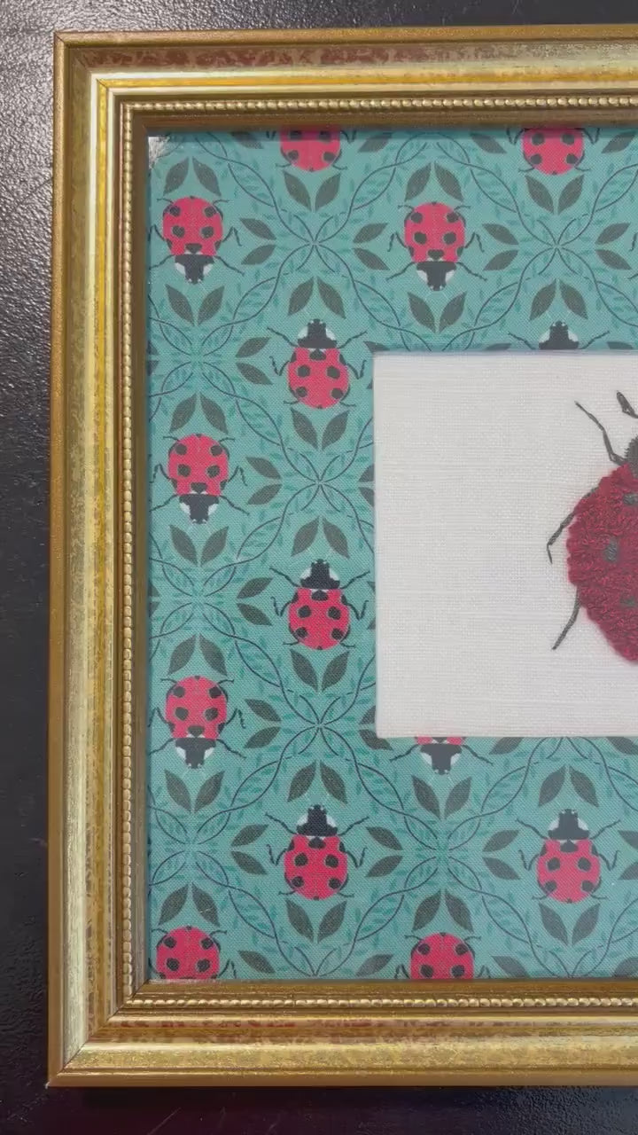Embroidered Boucle Ladybug Art - Custom Matted Gold Frame Textile Wall Decor, 9.125" x 11.125"