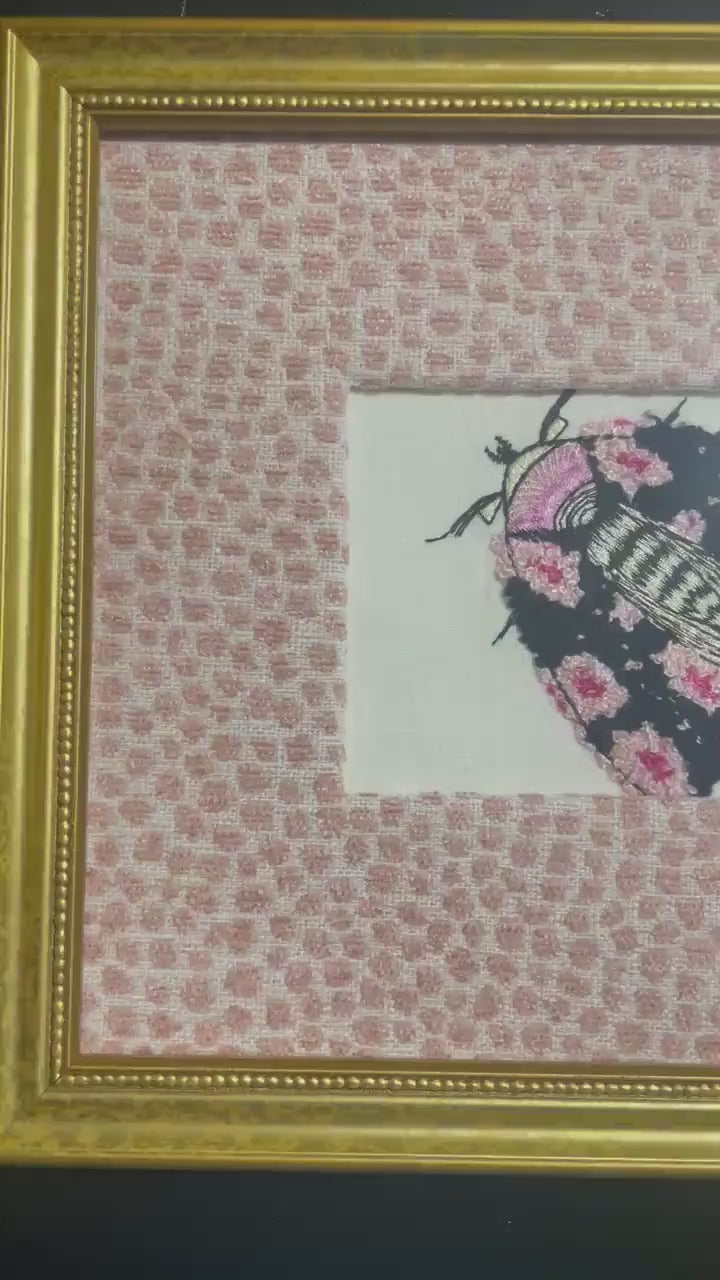 Embroidered Butterfly Moth Art, Gold Frame, Rose Quartz Fabric Matting Wall Decor