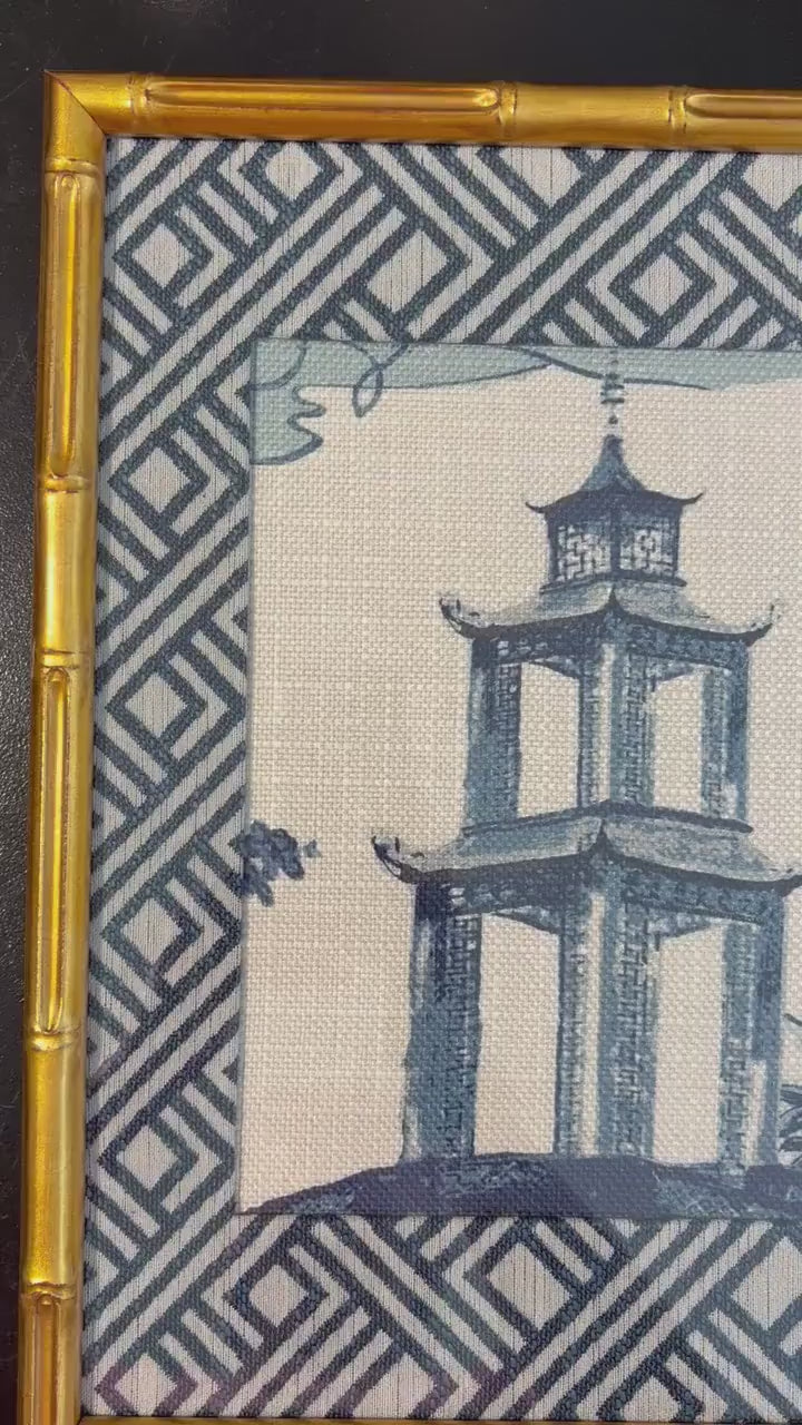 Chinoiserie Pagoda Fabric Wall Art | 12x15 Gold Frame | Zen Indigo