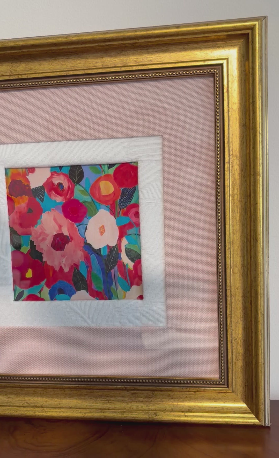 Colorful Floral Fabric Wall Art in Gold Frame - 15x15 Framed Textile Decor