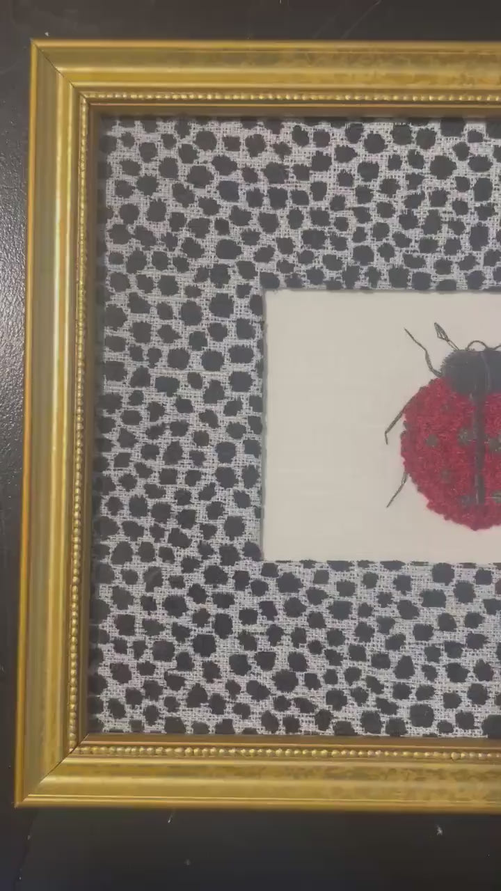 Ladybug Embroidered Boucle Art on Ballard Designs Ebony Tully Fabric Mat - Framed Nature Wall Decor