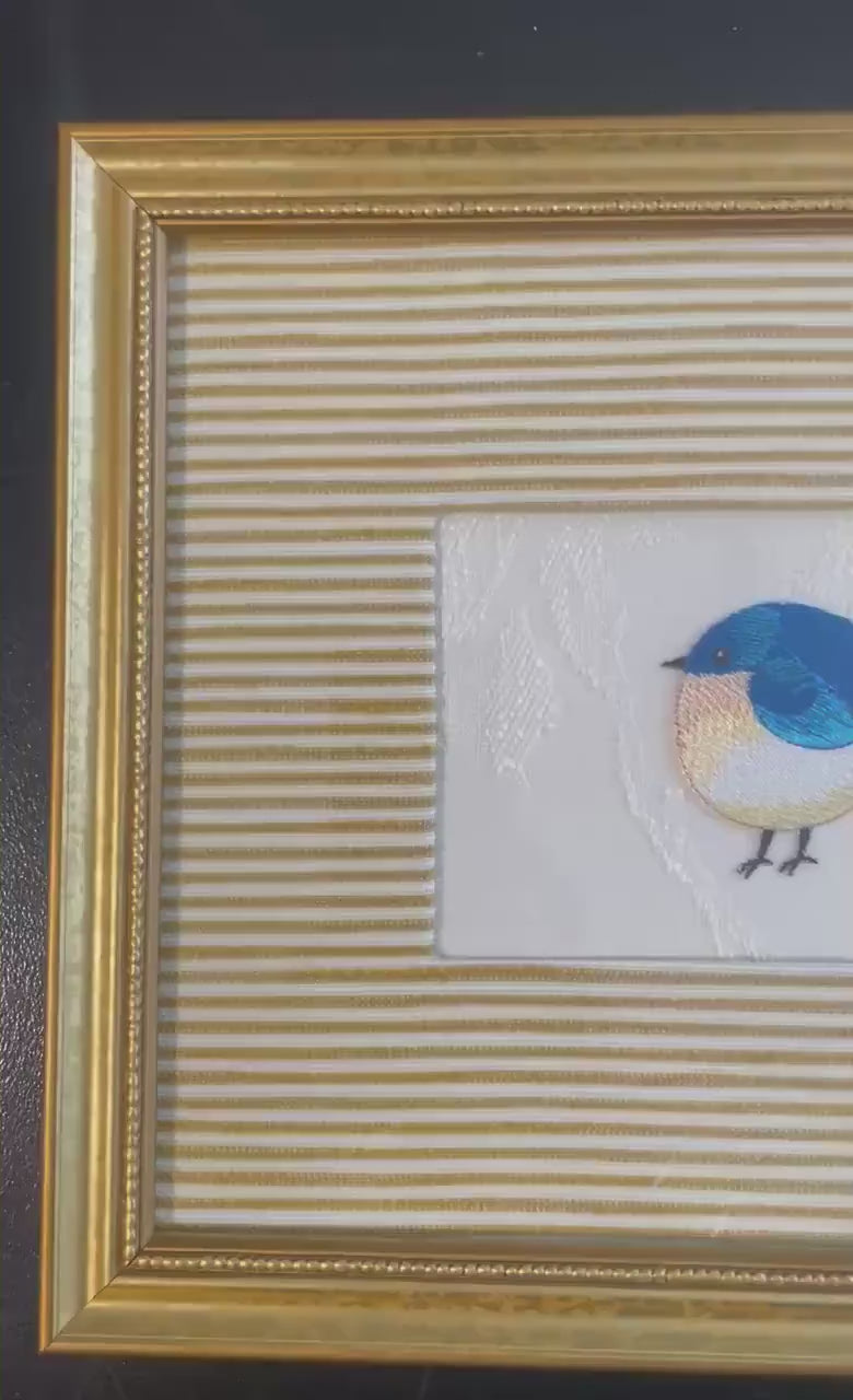 Embroidered Blue Bird Art in Gold Frame - Ballard Designs Biff Mustard Fabric, Cottage Farmhouse Wall Decor