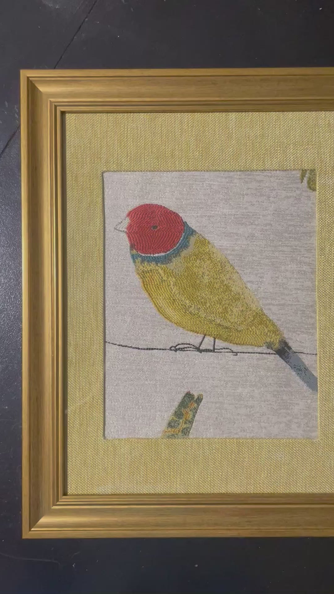 Red-Headed Songbird Portrait — Fabric Wall Art, 13x16 Gold Frame