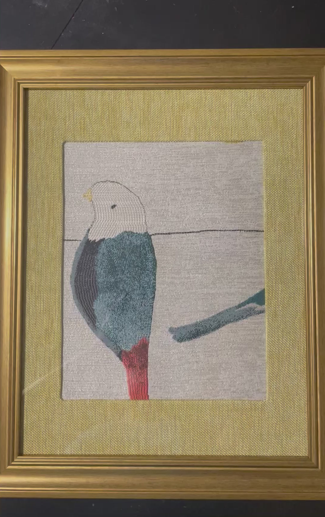 Solo Teal Bird Portrait — Fabric Wall Art, 13x16 Gold Frame