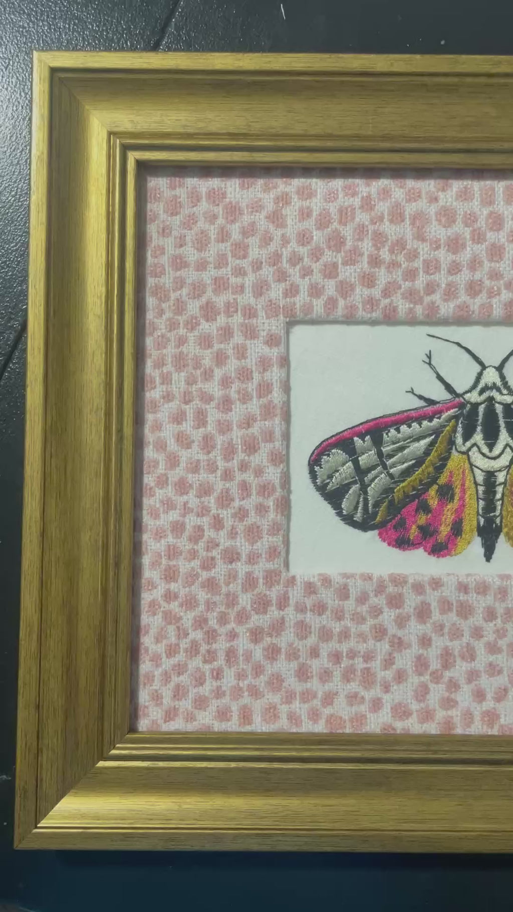 Pink-Spotted Tiger Moth — Embroidered Wall Art, Gold Frame with Tully Rose Fabric Mat