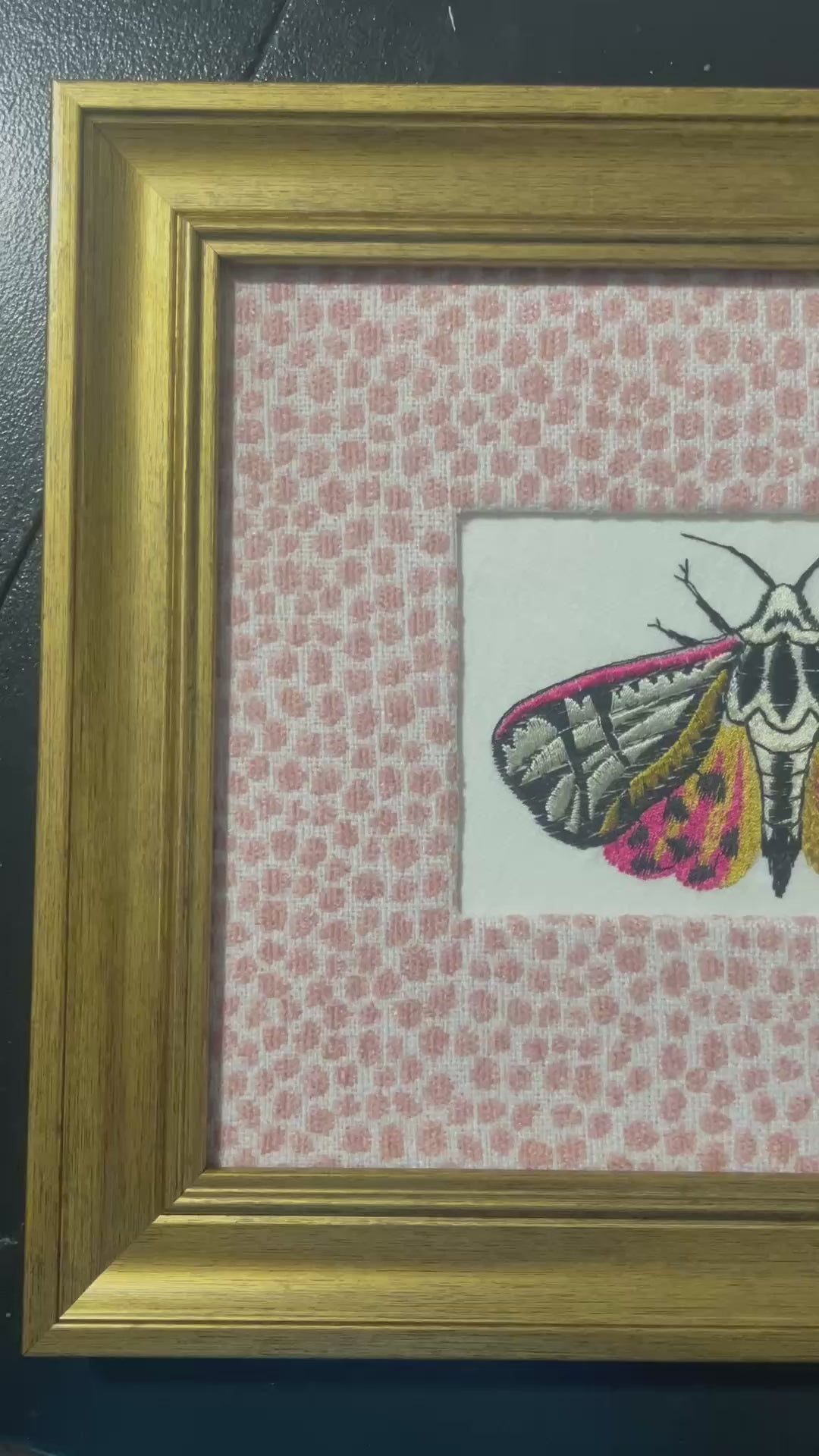 Pink-Spotted Tiger Moth — Embroidered Wall Art, Gold Frame with Tully Rose Fabric Mat