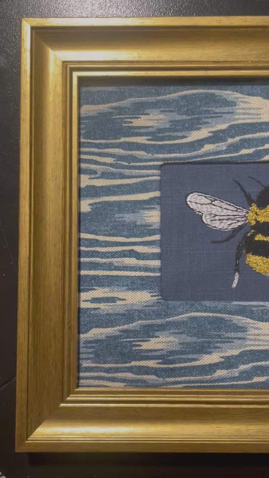 Bumblebee on Navy — Embroidered Wall Art, Gold Frame with Blue Ikat Fabric Mat