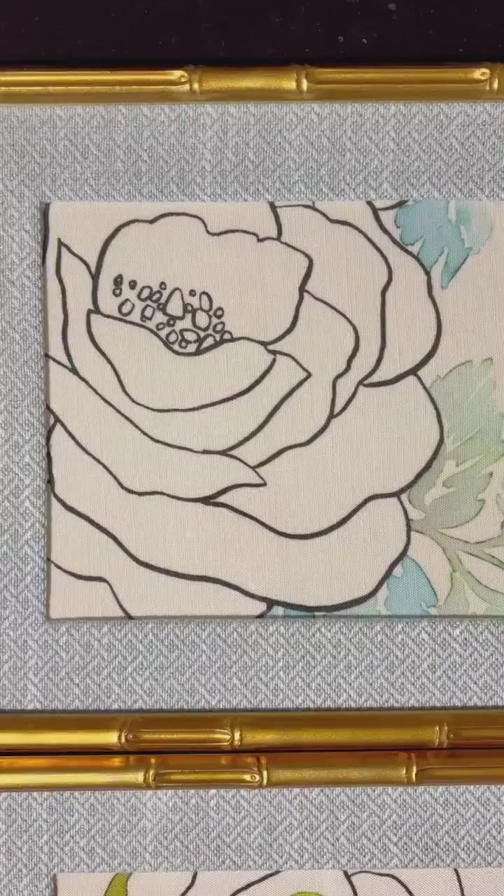 White Rose Art Pair— Designer Fabric Wall Art, 12x15 Gold Frames