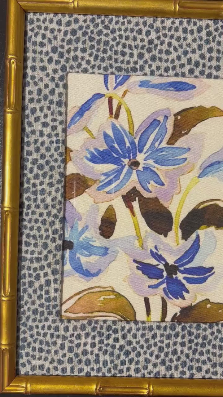 Blue & Lavender Floral Botanical — Designer Fabric Wall Art, 12x15 Gold Bamboo Style Frame